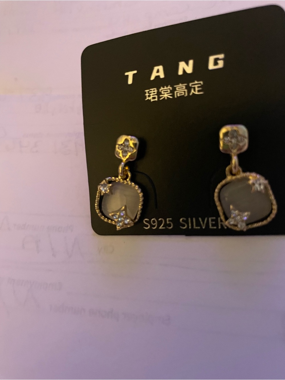 Gold-Tone White Stone Star Drop Earrings - S925 Silver